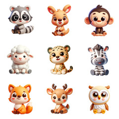 Fototapeta premium a collection of 3d cute cartoon animals, with cheerful expressions.
