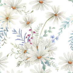 Watercolor seamless pattern with flowers and herbs. Hand drawn floral  illustration on white background