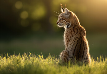 Bathed in the warm evening sun, a solitary lynx exudes a sense of peace as it rests in a lush meadow, its eyes closed in serene contemplation.