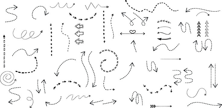 Clean dot style hand drawn doodle arrows set. Clean dot arrows style doodle set hand drawn. Curve Dotted line, preliminary