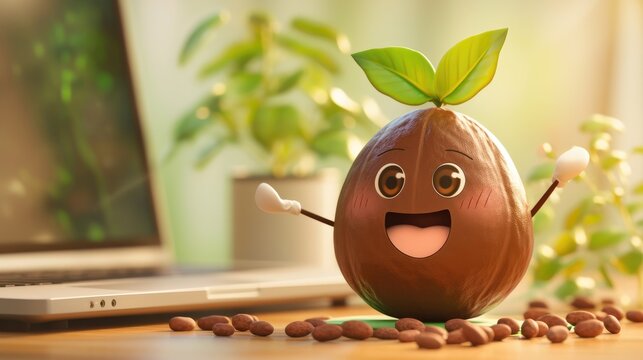 A cartoon character made from cacao beans was designed using a laptop