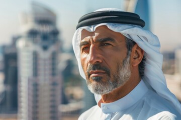 An elegant Arab man wears a white Keffiyeh and agal with a modern city backdrop, blending tradition with contemporary settings