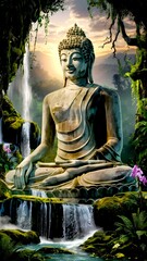 Buddha Statue Meditating in Forest Clearing next to waterfall