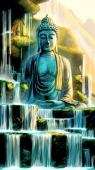 Buddha Statue next to majestic waterfall, tranquility and inner peace