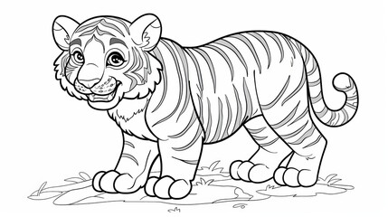 Animals (simple outlines): A coloring book page featuring a smiling tiger outline