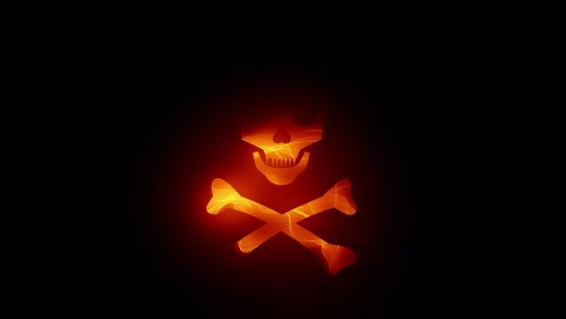 Evil skull face and cross bones with fire glow on dark background 