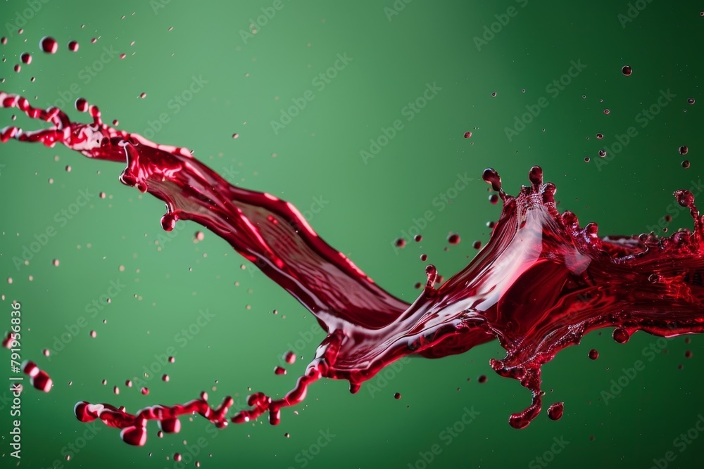 Poster A vibrant and high-speed capture of red liquid splash, creating an abstract art on a green background