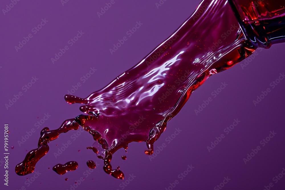Poster Captivating image of red liquid splash suspended on a vibrant purple backdrop, showing dynamic movement and fluidity