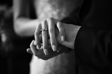 Black and white image of newlyweds intimately holding hands, prominently displaying the bride's engagement and wedding rings