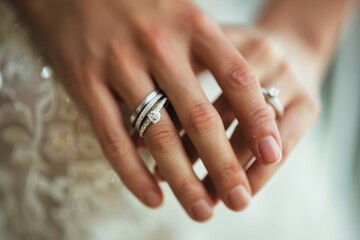 Detailed image capturing a tender moment where a couple's hands are intertwined, flaunting their wedding bands