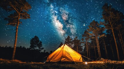The tent is under a starry night sky.