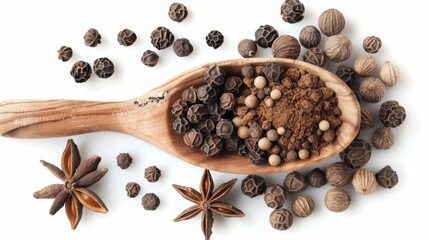 Allspice, pimento spice, Jamaican pepper pile and anise stars in wooden spoon isolated on white, top view - obrazy, fototapety, plakaty