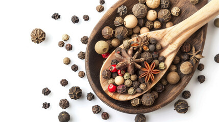 Allspice, pimento spice, Jamaican pepper pile and anise stars in wooden spoon isolated on white, top view - obrazy, fototapety, plakaty