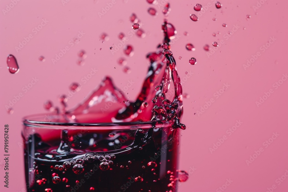 Poster dynamic image of crystal clear liquid splashing out of a glass against a vibrant pink backdrop
