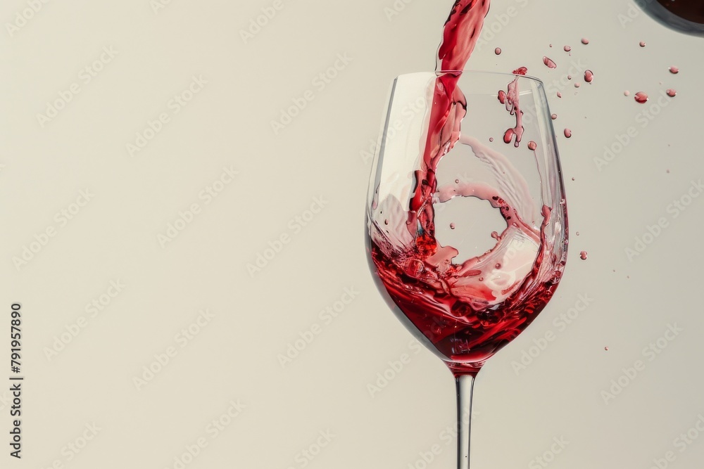 Poster a dynamic image capturing the moment of red wine being poured into a glass, creating a splash