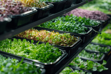 Black containers with assorted colourful microgreens are lined up on shelves in the supermarket. Selective focus. Healthy food concept 