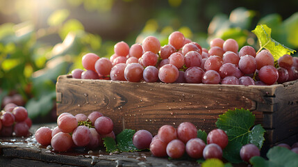 Fresh grapes in a wooden box on a garden table
