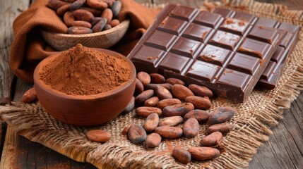 Image of cacao powder, chocolate bars and cocoa beans on wooden table. natural product photo for the magazine - 791958239