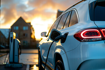 Obraz premium An electric SUV recharges during a vibrant sunrise, standing as a beacon of eco-friendly progress in residential areas, with the charging cable prominently displayed
