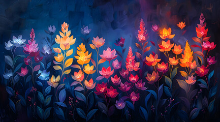 Fototapeta na wymiar Glowing Symphony: Oil Painting Capturing Vibrant Bioluminescent Flora in the Night