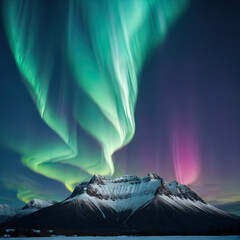 Zauberhaftes Polarlicht über einem verschneiten Berggipfel, Aurora Boreales über einem Berg