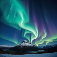 Zauberhaftes Polarlicht über einem verschneiten Berggipfel, Aurora Boreales über einem Berg