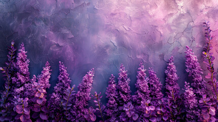 Fototapeta premium Delicate violet floral ornament of lavender flowers spread out on roughly plastered and painted surface. Vintage purple lilac abstract design background. Flat lay, mock up, copy space.