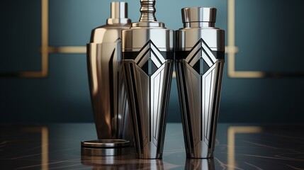 Chic Art Deco martini shaker set with sleek lines and Art Nouveau-inspired motifs, portrayed in an exquisite 3D render.