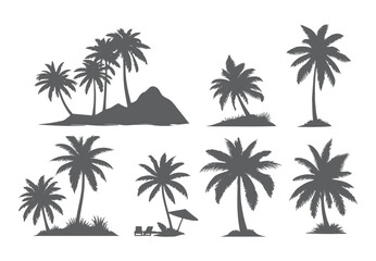 vector set of tropical palm and tree silhouettes. EPS ,Set tropical palm trees with leaves, mature and young plants, black silhouettes isolated on white background. Vector