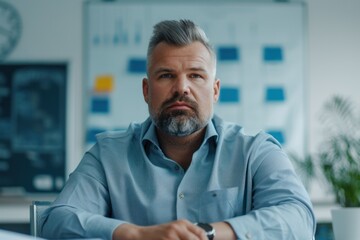 Obraz premium Adult male manager, focused and attentive, sits at table in workplace setting.