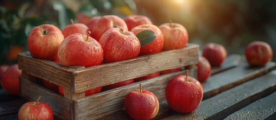 Fresh ripe red apples in a wooden box on a garden table