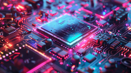 Hyperralistic photo of a computer chip with glowing colors, representing artificial intelligence, chip on a pure white background - obrazy, fototapety, plakaty