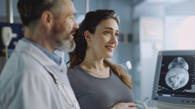 A pregnant woman standing beside her doctor in a hospital examination room, both looking at a monitor displaying the ultrasound image of her baby, their faces lit up with joy and a