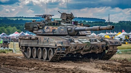 photo of the leopard tank, light grey with black details, on an open field near a northern France border station, sunny day,
