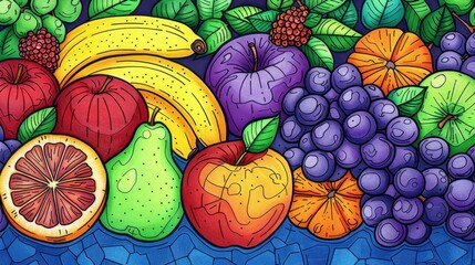 Food: A coloring book page featuring a variety of fruits, including apples, oranges, bananas, and grapes