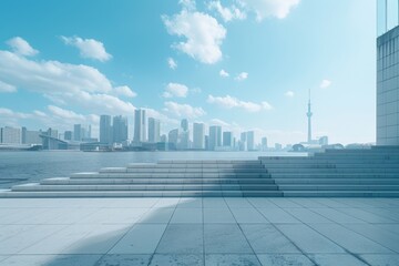 Concrete steps and buildings on the square,The modern urban skyline is in the background. - obrazy, fototapety, plakaty