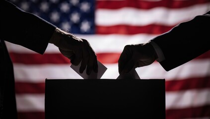 Closeup of two hands casting their vote into the ballot box, with an American flag in silhouette behind them Generative AI - obrazy, fototapety, plakaty