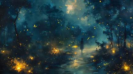 Enchanted Nocturnal Ballet: Oil Painting of Fireflies and Butterflies - obrazy, fototapety, plakaty