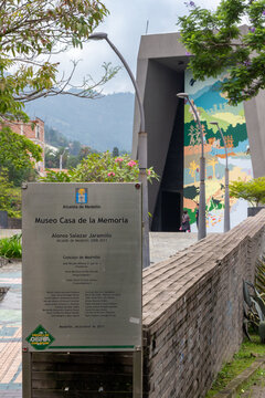 Medellin, Antioquia, Colombia, July 28 2023 : main entrance of the Museo Casa de la Memoria (House of Memory Museum).