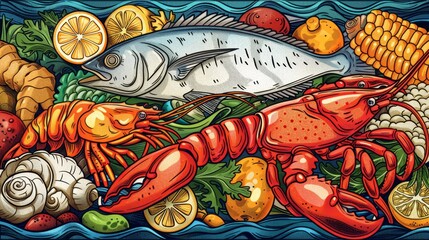 Food: A coloring book page showcasing a variety of seafood, including shrimp, fish, crab, and lobster