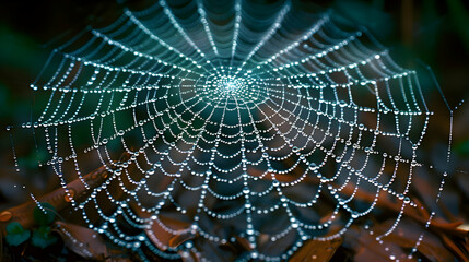 The intricate web of a spider, bejeweled with morning dew, focusing on the symmetry and the light reflecting off the droplets
