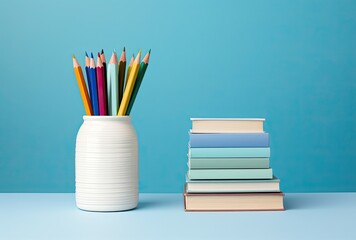 Colorful pencils in a vase and books on blue background