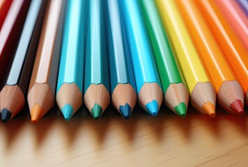Colored pencils on wooden table, closeup. School supplies