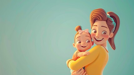 Woman tenderly holding baby in her arms, mother's facial expression radiates happiness and affection towards the child on blue background with copy space