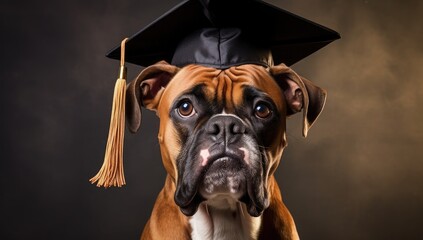studio shot of a boxer dog wearing a graduation cap and holding a mortarboard
