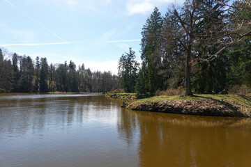 Pruhonice, Czech Republic - March 29, 2024 - the Labeska Pond in the Pruhonice Park near Prague at...