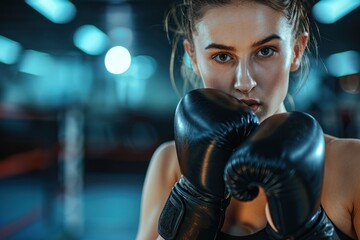 Female boxer in boxing gloves gives an intense look to the camera, close-up.