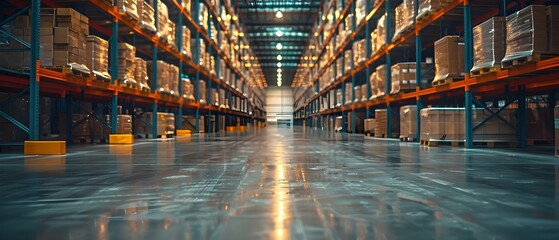Background of a warehouse for managing storage distribution and supply operations. Concept Warehouse Management, Storage Distribution, Supply Operations, Background Setting - obrazy, fototapety, plakaty