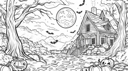 Holidays & Celebrations Coloring Book: A coloring page depicting a Halloween scene with a haunted house, bats, and a full moon