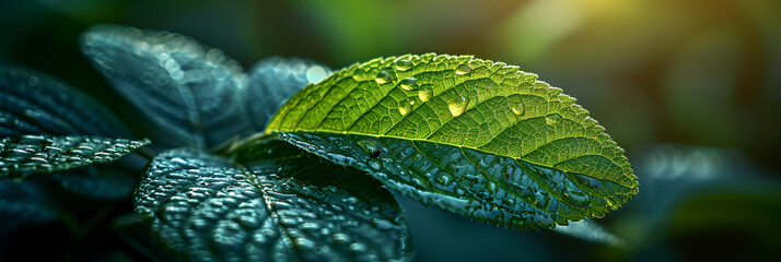 Green Leaf in Close-Up Photography,
Closeup of green leaf with many water drops Freshness by water